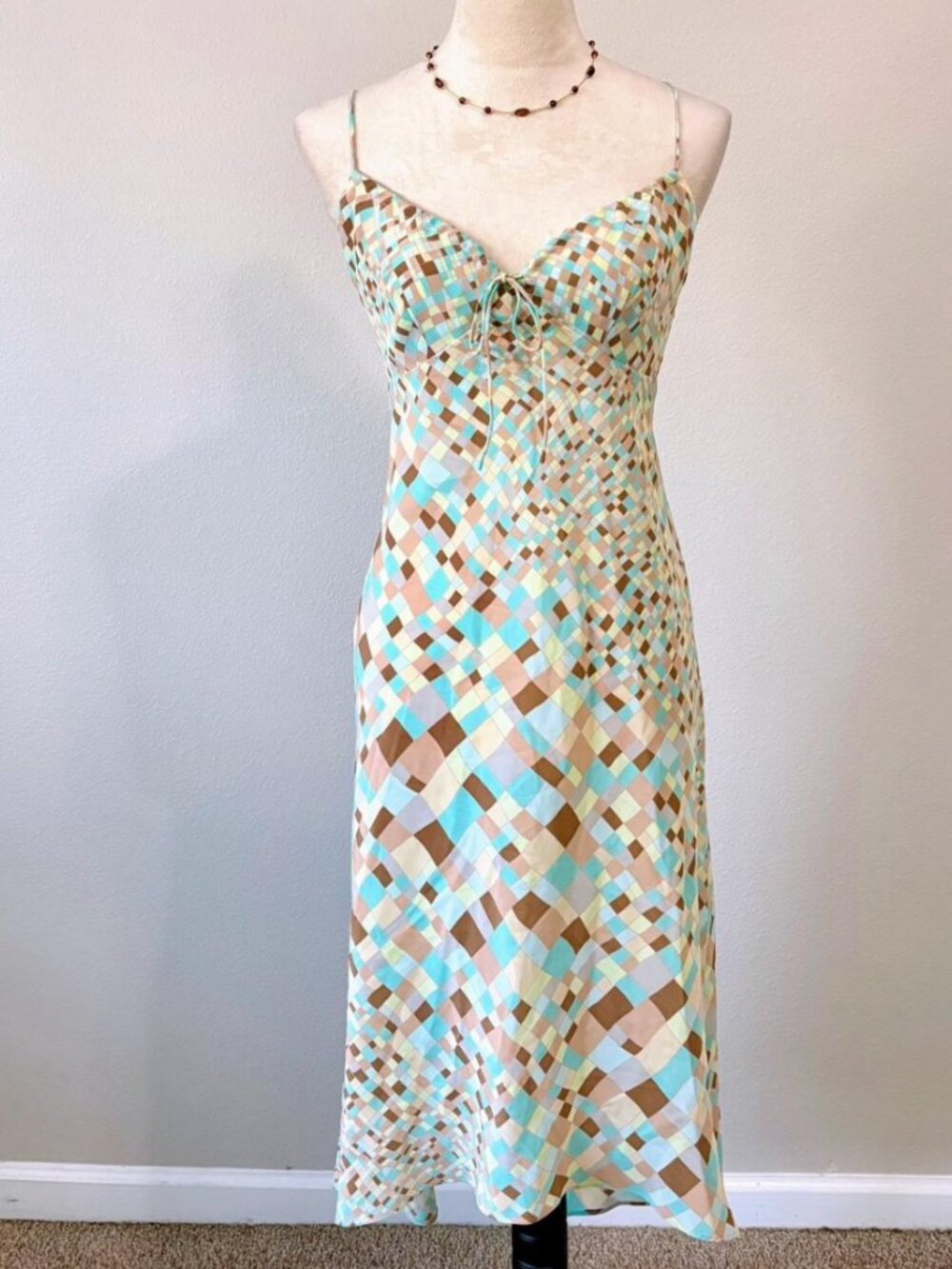VTG Express turquoise brown geometric midi dress 10 M/L asymmetrical hem